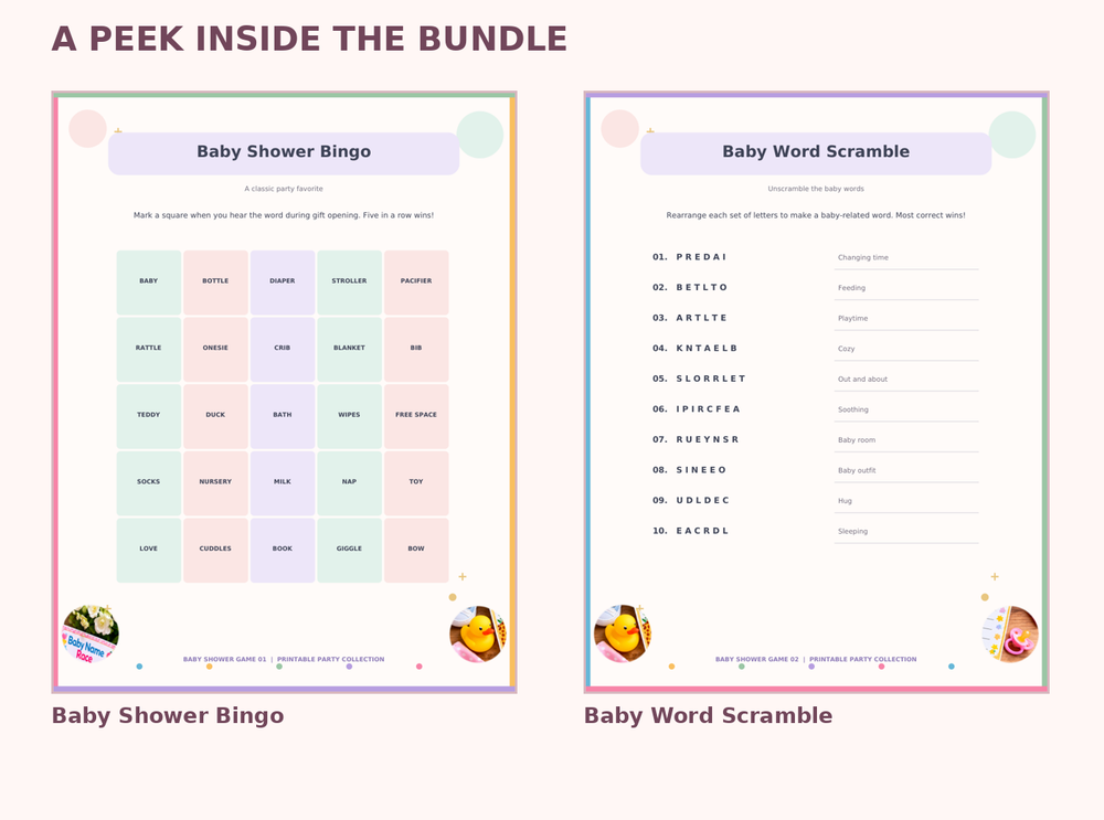 Inside the bundle: Baby Shower Bingo and Baby Word Scramble printable game pages