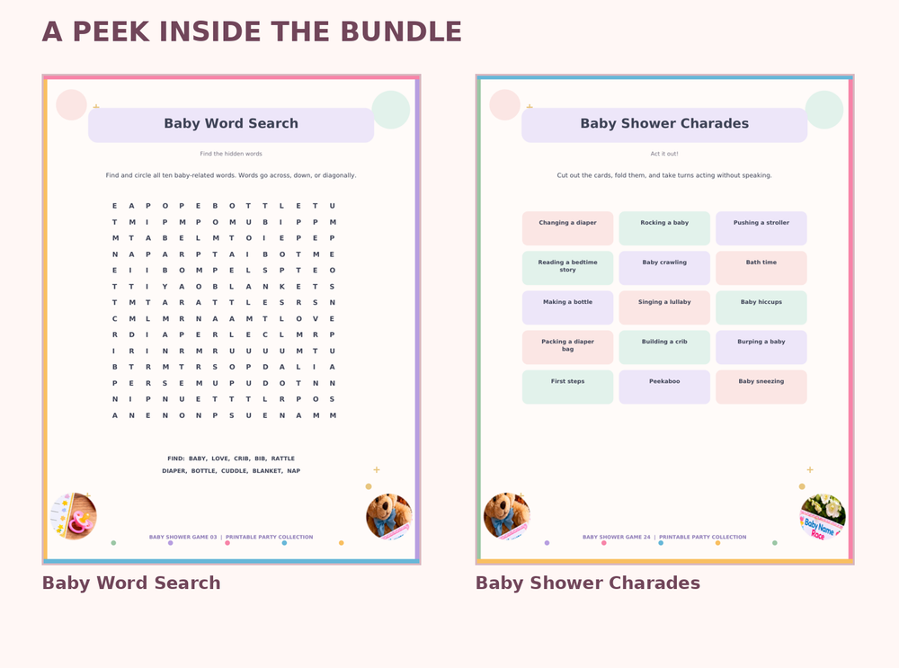 Inside the bundle: Baby Word Search and Baby Shower Charades printable game pages