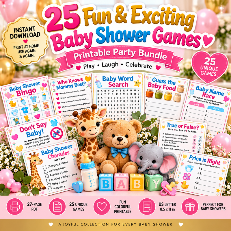 Colorful 25 Fun Baby Shower Games printable bundle product cover
