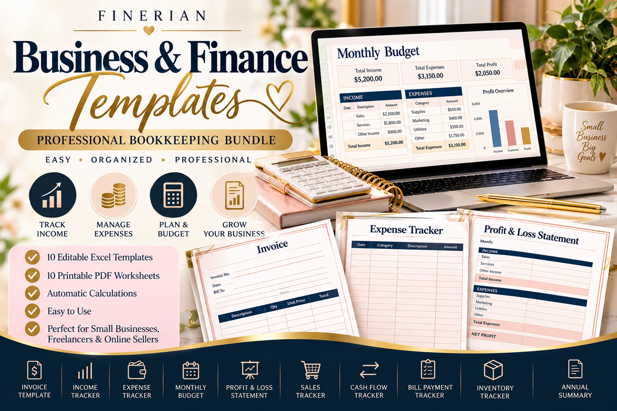Finerian Professional Bookkeeping Bundle with Excel templates and printable finance worksheets
