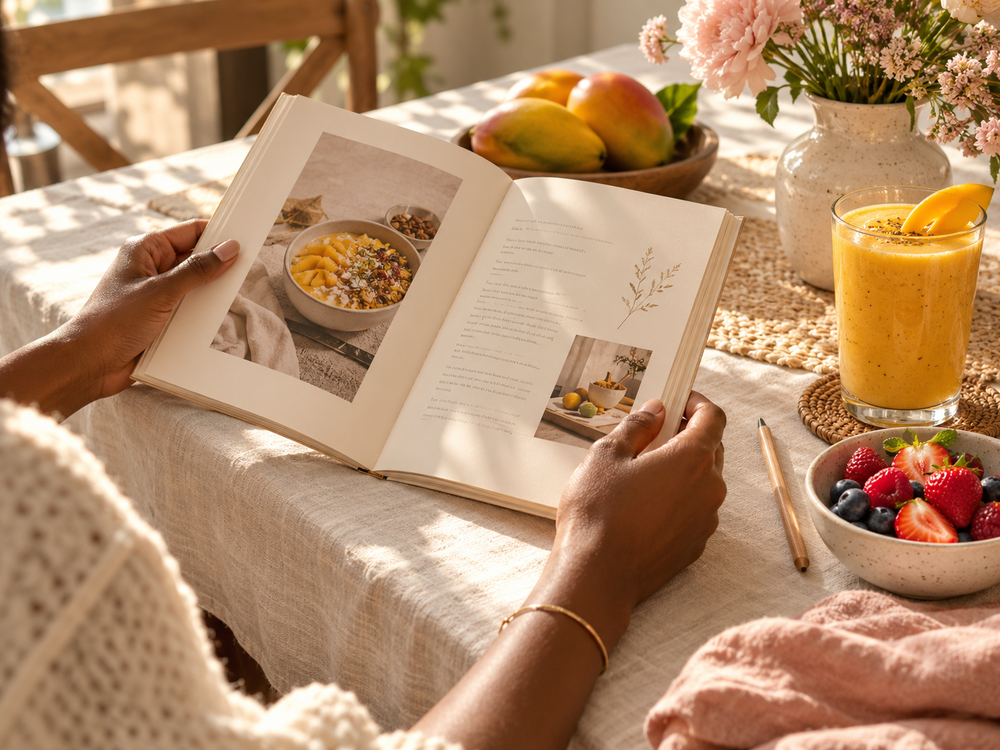 Hands holding a recipe booklet beside a mango smoothie and berries on a sunlit table
