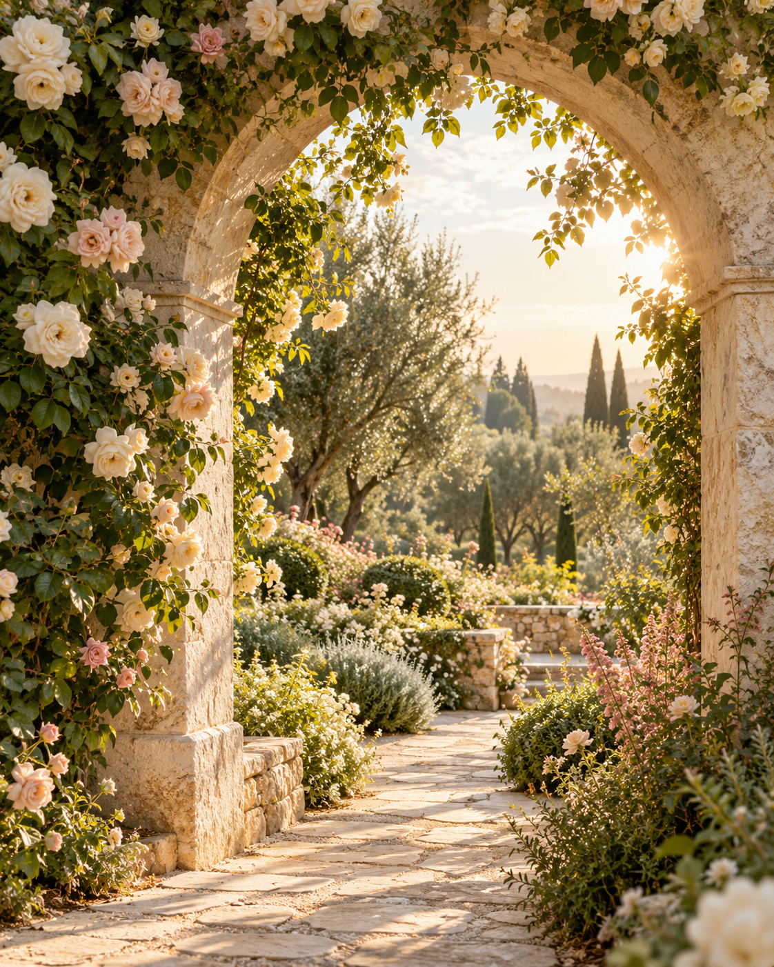 Ivory and blush roses frame a graceful stone arch opening onto a peaceful garden in golden sunlight